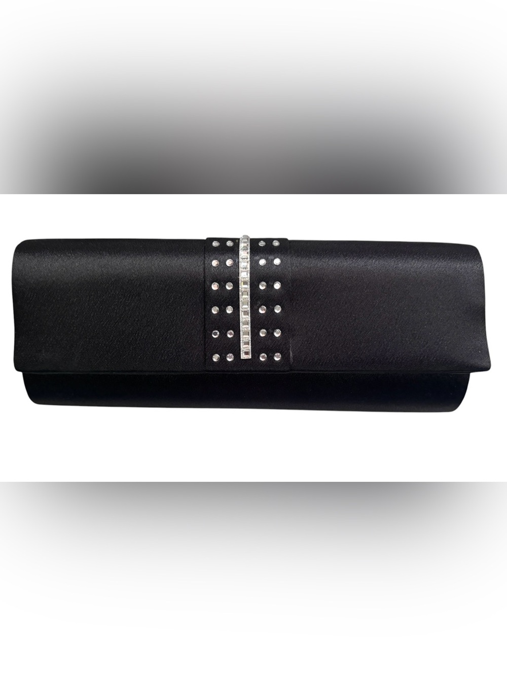 Claire's Black Satin Fold-Over Clutch with Rhinestone Accent